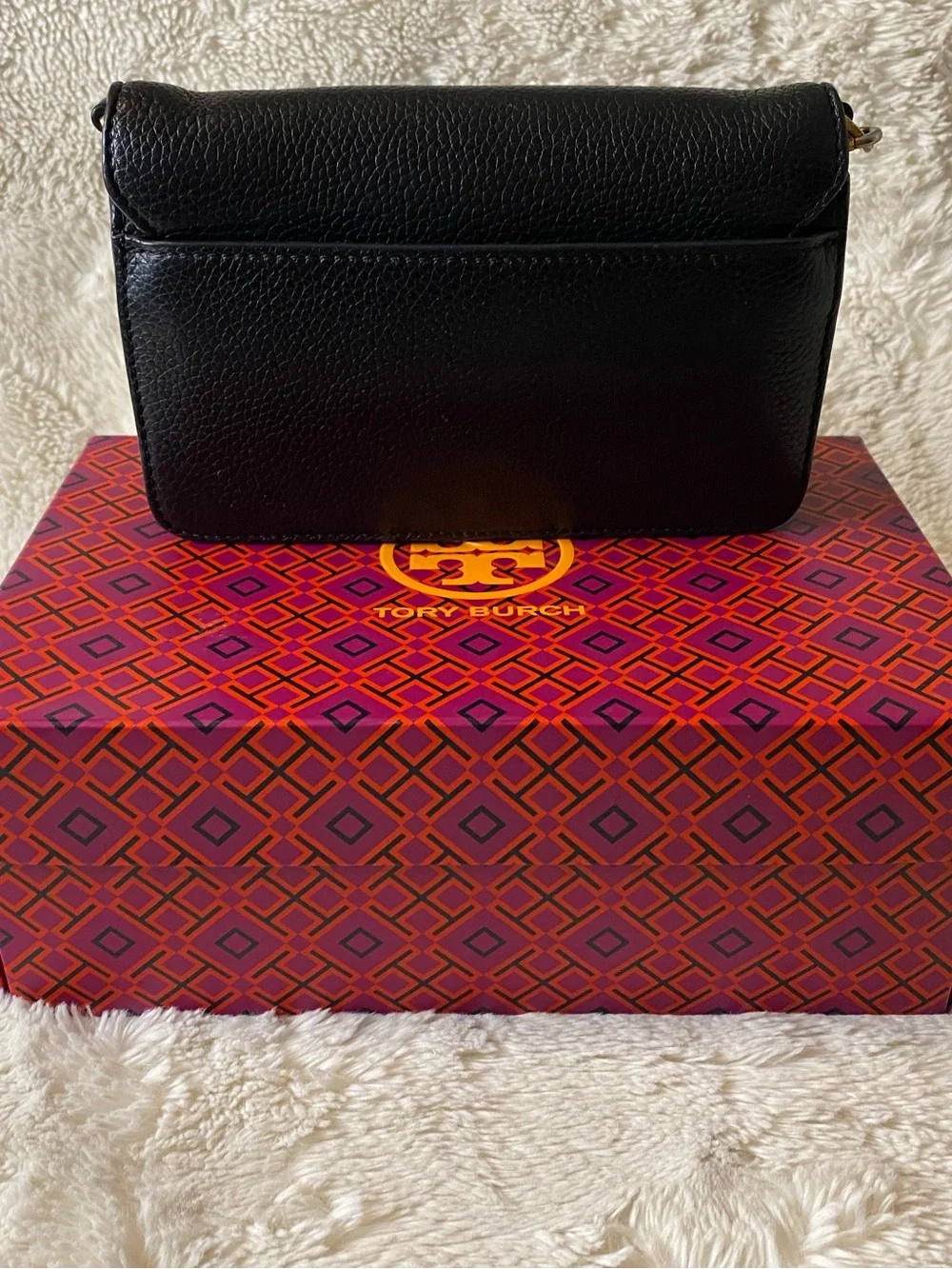 Tory Burch Black Pebbled Leather Logo Crossbody with Gold Hardware
